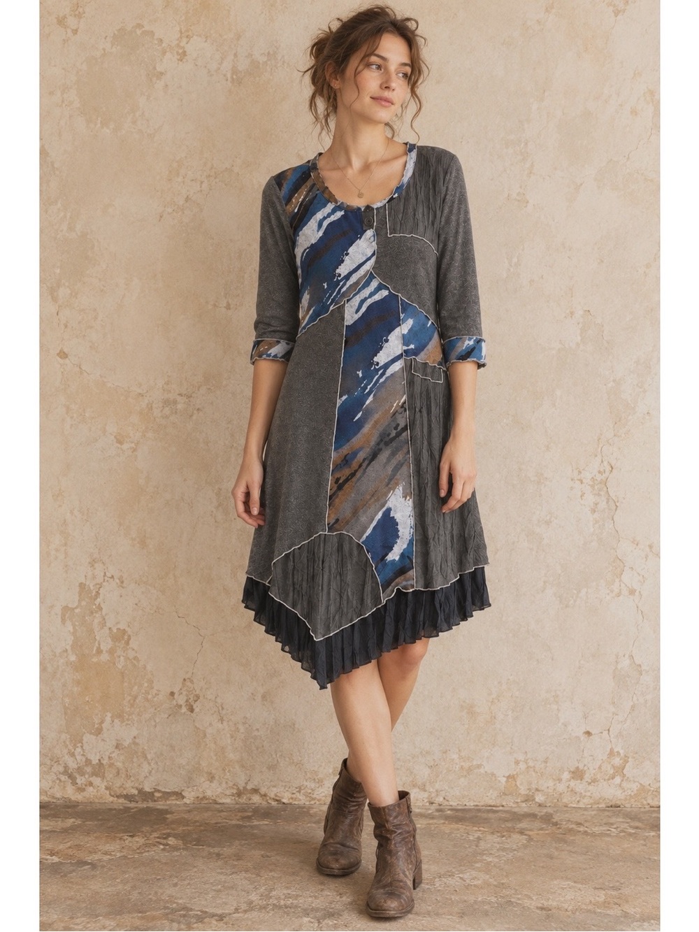 VTG Patchwork Asymmetrical Flare Dress US8 Boho Peasant Folk Lagenlook